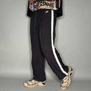 Vintage Y2K Nike Track Pants Mens M Baggy Jet Black White Polyester Sweatpants